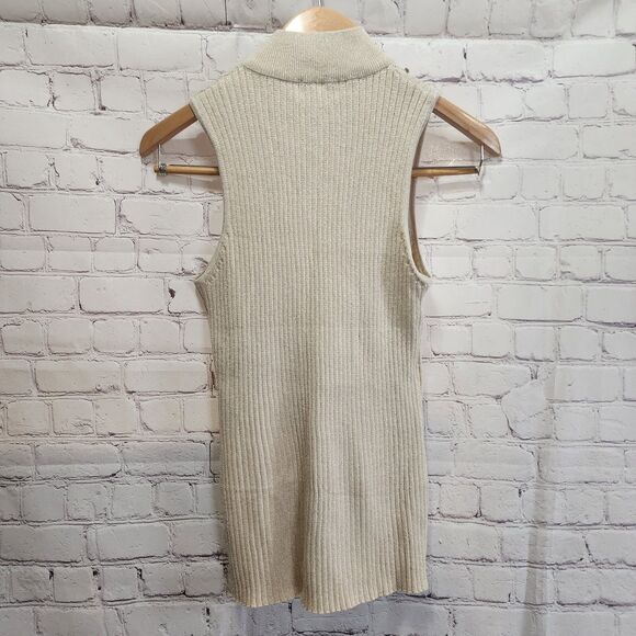 Carmen Marc Tank Top Womens Large Beige Mock Neck Ribbed Knit Rhinestone Chest - Picture 3 of 8